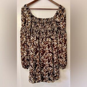 Guess| Brown & Cream Fall Floral Smocked Boho Long Sleeve Mini Dress Sz XS